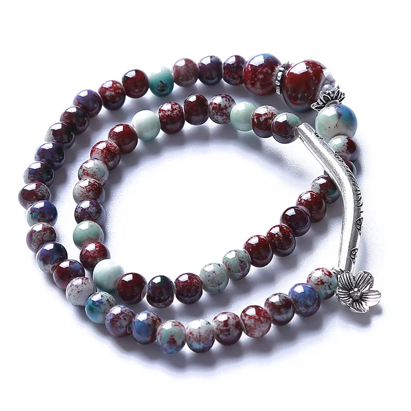 

Flower Ceramic Beads Double Bracelets For Women Men Flower Pendant Statement Wristbands Link Chain Bangle Jewelry Christmas Gift