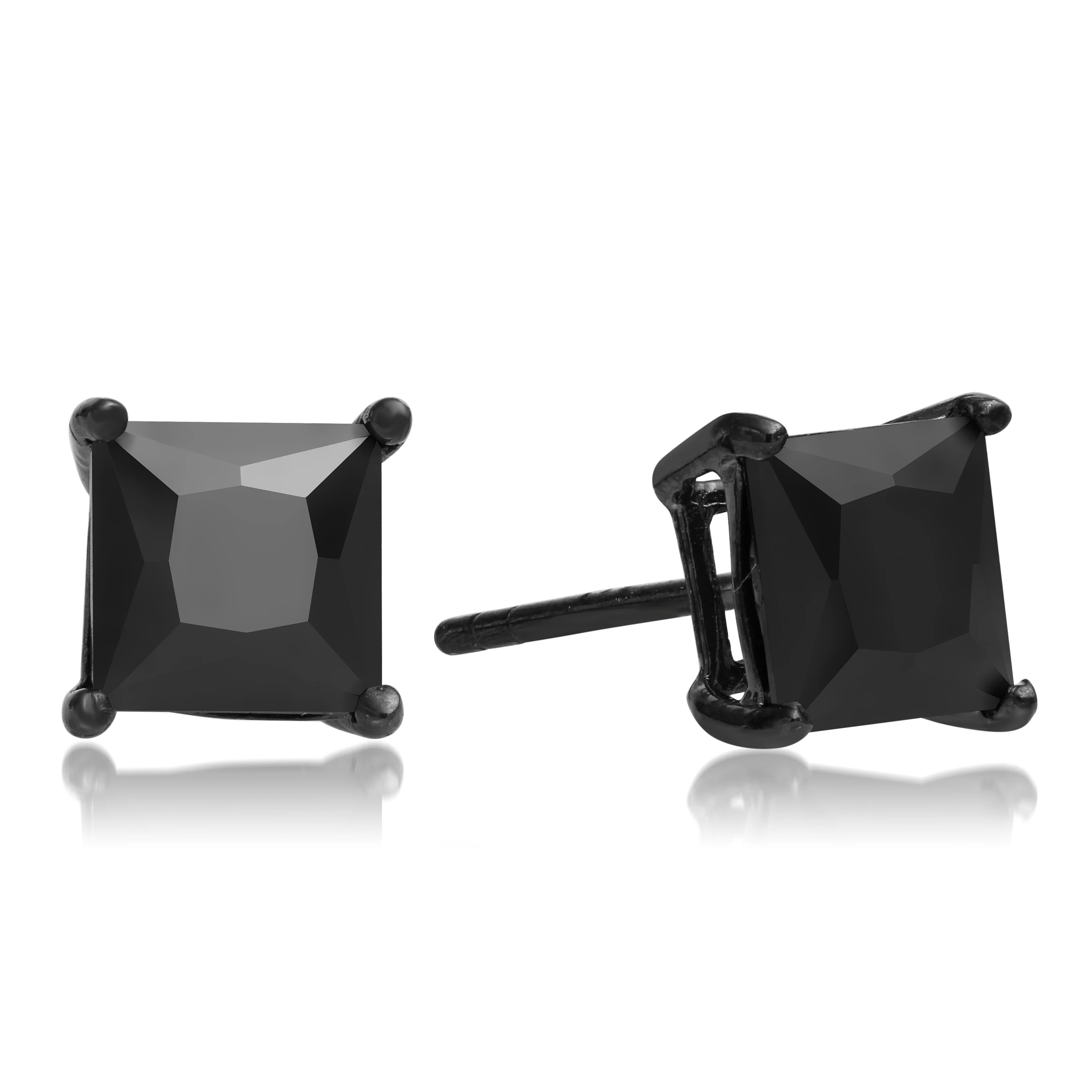 Sterling Silver Black Enamel Stud Earrings .925 Black Color Cubic Zirconia Princes Cut