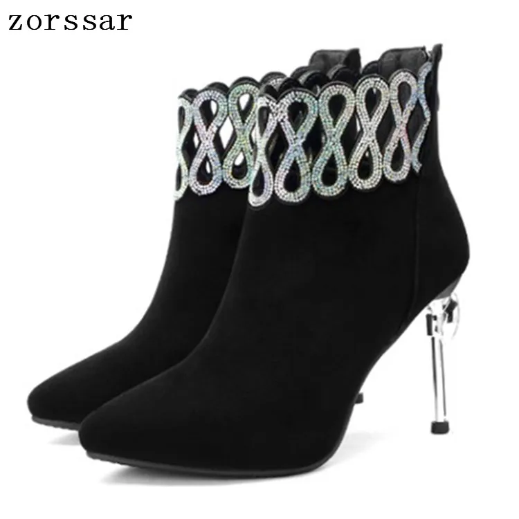 

{Zorssar} Big Size 33-41 Sexy Thin heels Women Ankle Boots Winter Suede leather Fashion Rhinestone Female Booties Banquet shoes