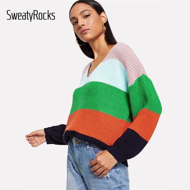 

SweatyRocks Multicolor Drop Shoulder Cut And Sew Jumper V Neck Bishop Sleeve Pullovers Women Autumn Casual Preppy Sweater