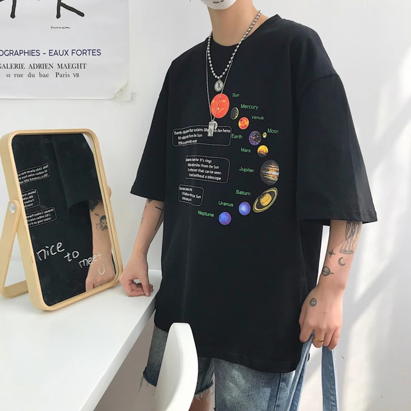 Новинка 2019 летняя свободная черная футболка Ulzzang Harajuku в Корейском стиле с принтом
