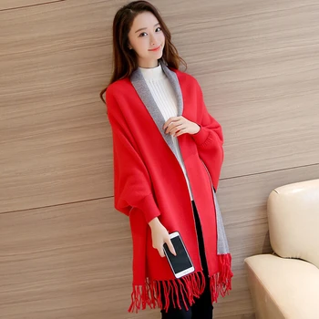 

Autumn 2017 new female coat knit cardigan cloak shawls long tassel sweater bat loose winter Cloak