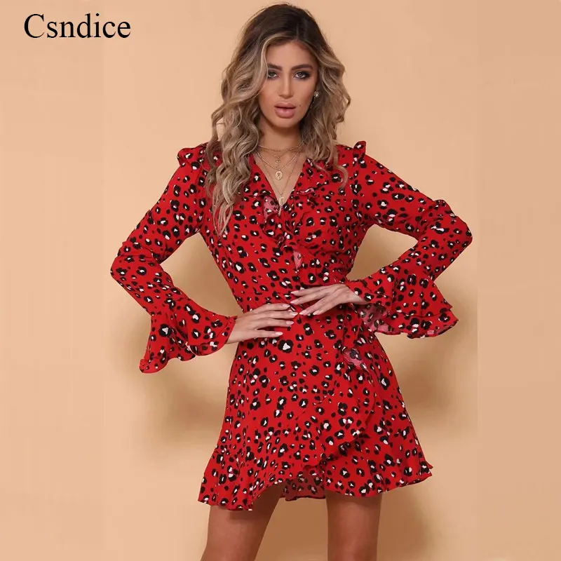 

Womens Spring Deep V Neck Bell Sleeve Unique Cross Wrap Sashes Midi Dress Vintage Leopard Print Ruffle Party Dresses Belt 2019