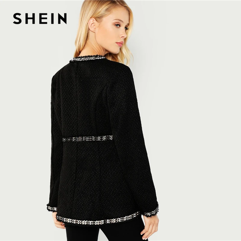 SHEIN الأسود أنيقة Highstreet فتح الجبهة المتوترة حافة الصلبة سترة أنيقة تحمل شعار لعبة البيسبول 2018 الخريف مكتب سيدة النساء معطف و قميص