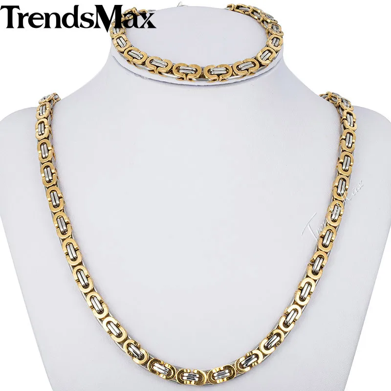 Trendsmax JEWELRY SET 6mm Mens Chain Flat Byzantine Gold Silver Tone Stainless Steel Necklace Bracelet Set Wholesale Gift KS117