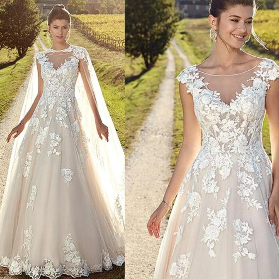 

Glamorous Tulle Scoop Neckline A-line Detachable Shawl Wedding Dresses with Lace Appliques Backless Sweep Train Bridal Dress