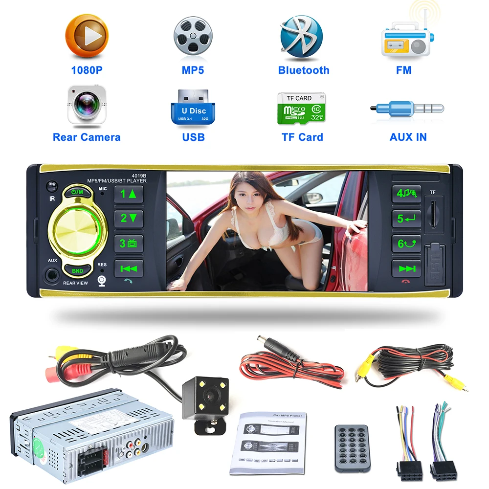 

12V 4.1'' Car Radio Bluetooth Stereo Radios 1080P FM USB Rear View Camera Steering Wheel Remote Control