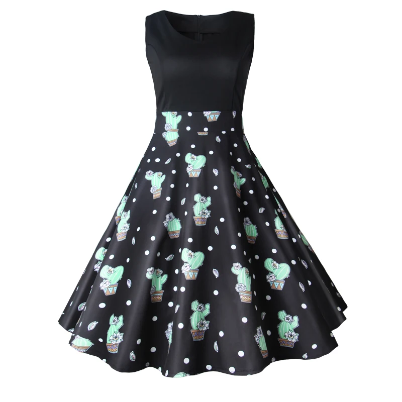 

HeyGalSing Retro Dress Women Sleeveless Cactus Print Vintage 50s 60s Patchwork Midi Rockabilly Robe Swing Elegant Party Dress