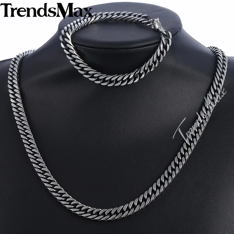 Trendsmax Jewelry Set Mens Necklace Bracelet Stainless Steel Chain Gunmetal Double Curb Cuban Rombo Link KS225