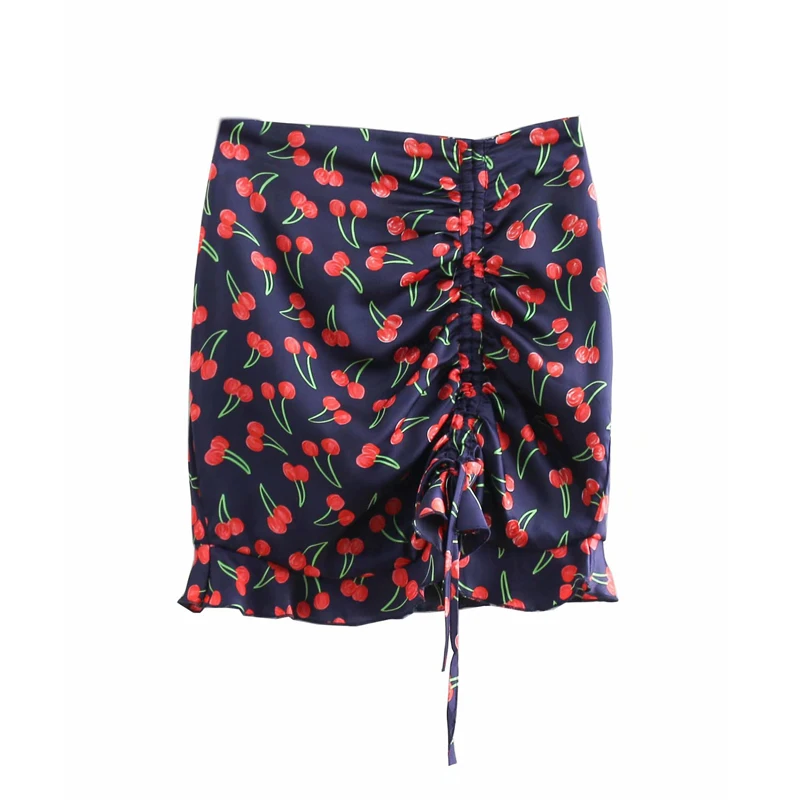 Шикарные атласные дамы Drawstring грубая юбка с взъерошенными подол вишня мини