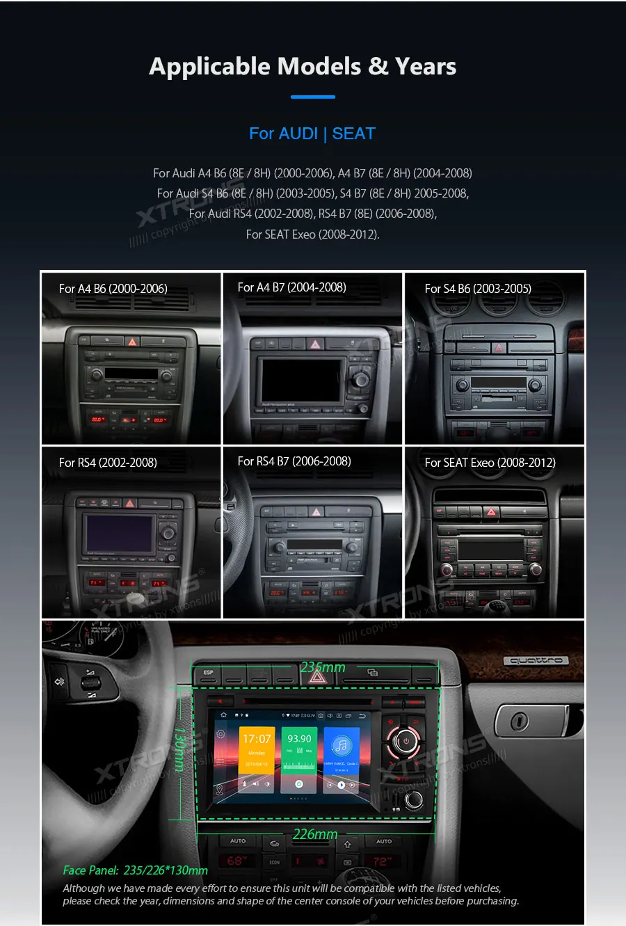 Top XTRONS Android 9.0 Car Stereo DVD Multimedia Player for Audi A4 S4 RS4 2002-2007 2008 SEAT Exeo GPS Navigation Plug Play Design 2