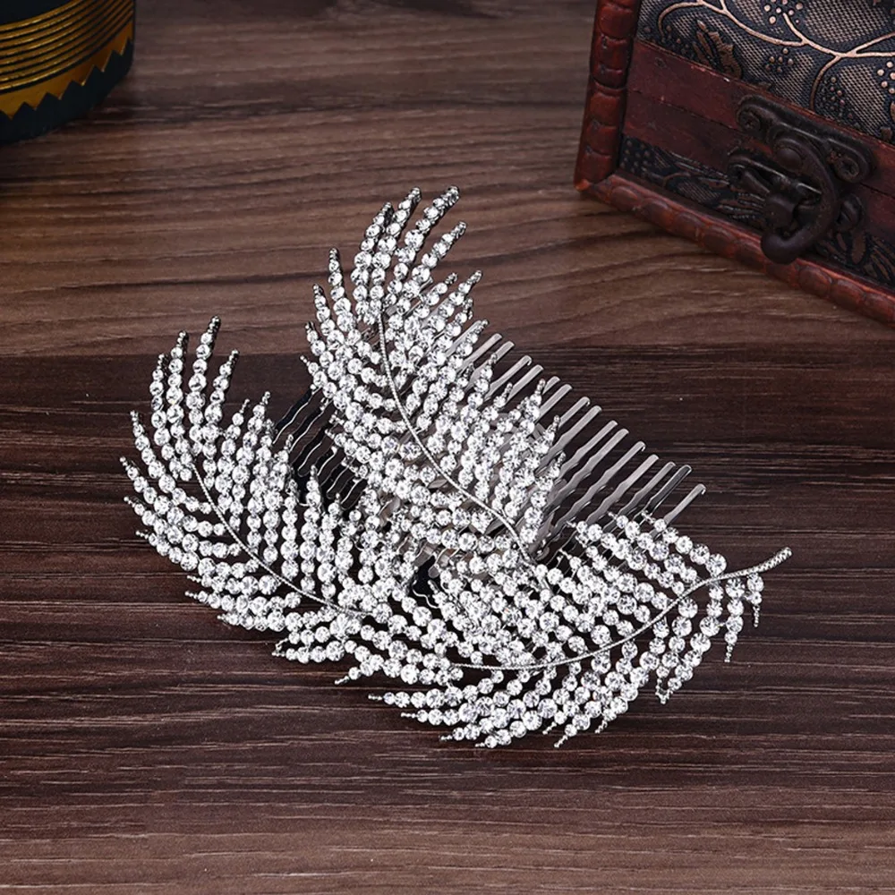Sparkling Alloy Rhinestone Hair Combs For Women Silver Leaves Hair