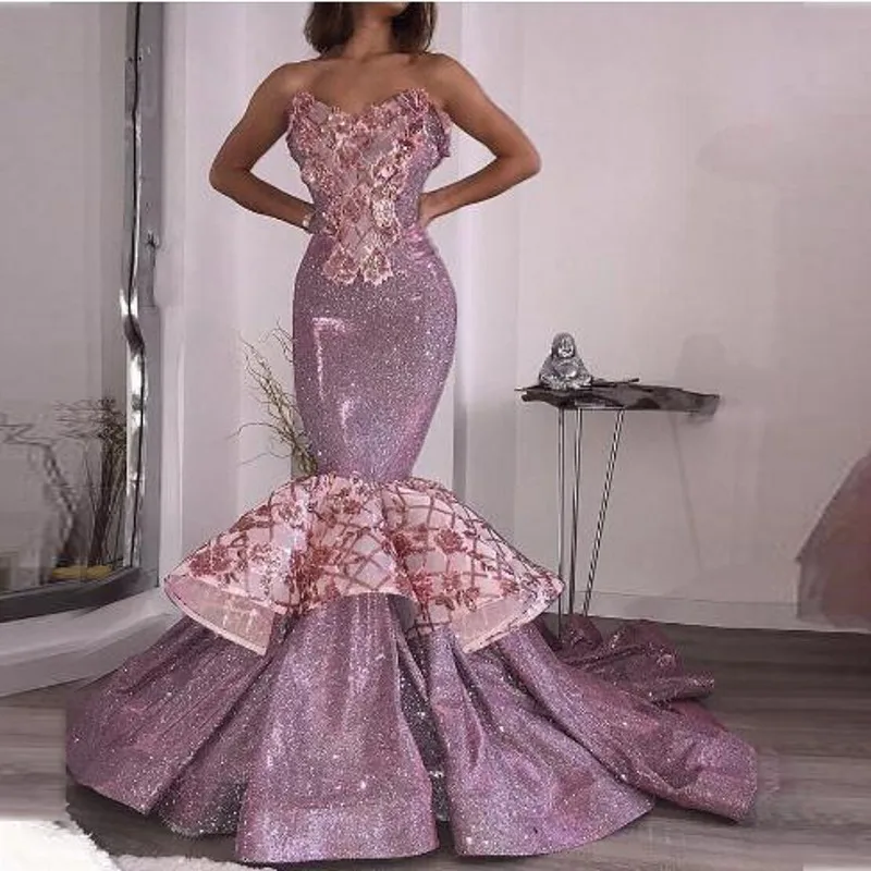 

Pretty Lavender Tiered Mermaid Evening Party Dresses Sweetheart Applique Long Prom Formal Gowns Sequin Sparkly robe de soiree