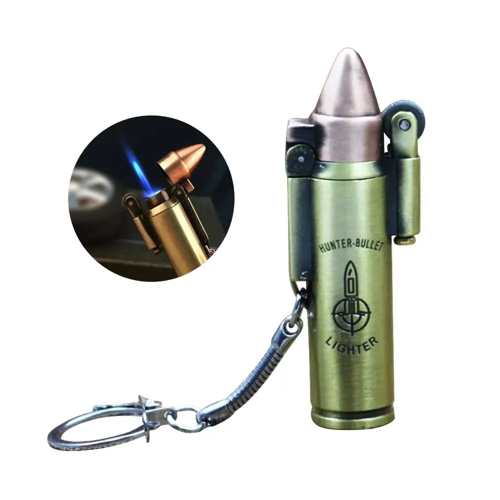 

Blue flame Windproof cigarette lighter Metal gas with key chain for direct impact bullet grinding Wheel