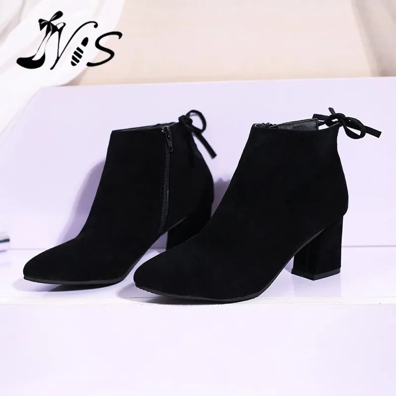 

NIS Side Zipper Ankle Boots For Female, Black/Brown/Gray/Red Back Bowknot Pointed Toe Flock Women Shoes, Ladies Fall Short Boots