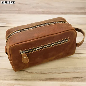 

Genuine Leather Clutch Bags Cosmetic Bag For Men Male Vintage Toiletry Case Travel Bag Hand-held Make Up Wash Storage Bag Zipper