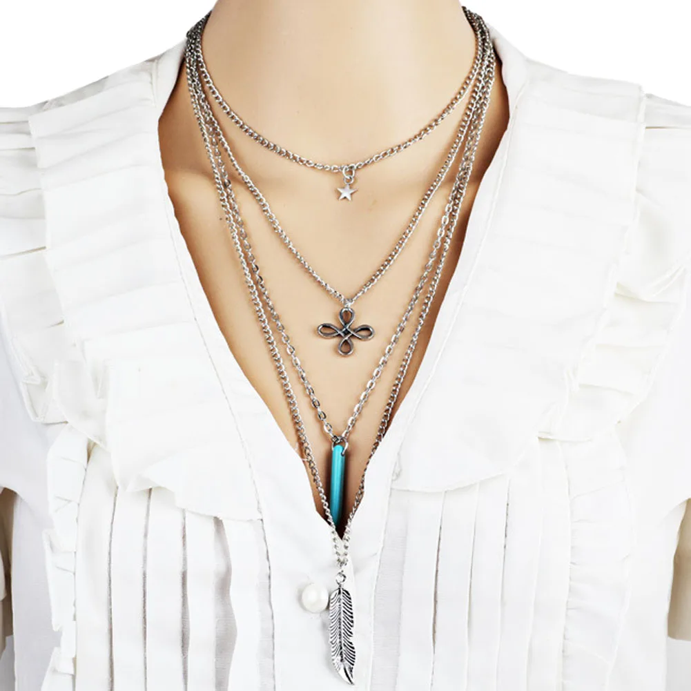 2018 HOT Fashion Necklaces Leaf Long Pendant Necklaces Women 4 Layer