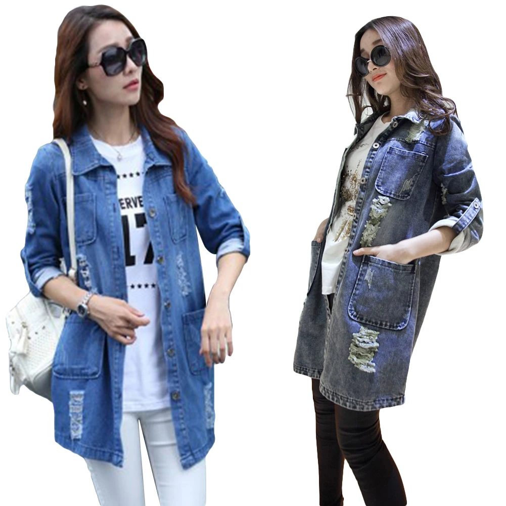 Loose Casual Md long Denim Cardigan Ripped Turndown Collar font b Women b font Overcoat font