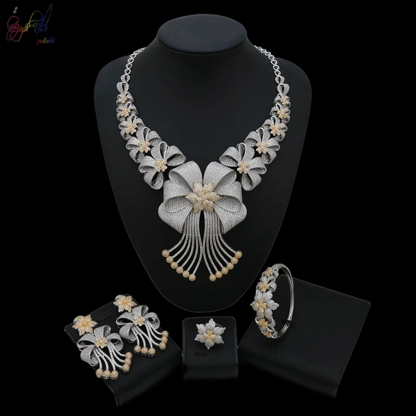 

Yulaili Luxury Huge Bowknots Women Nigerian Wedding Bride Heart and Arrow Cubic Zirconia Necklace For Female Luxury