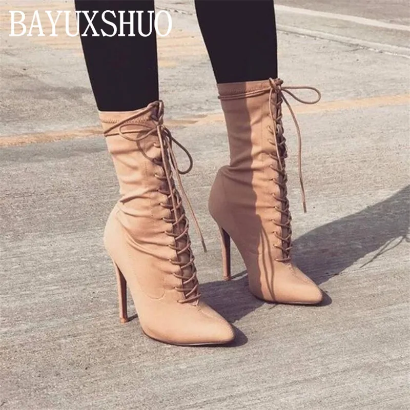 

BAYUXSHUO New Women Ankle Boots Gladiator Stretch Fabric Pointed Toe High Heels Strappy Chelsea Booties Casual Lady Shoes Woman