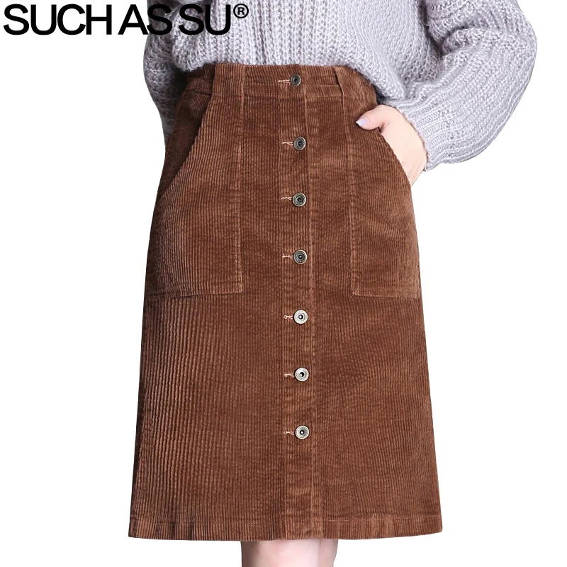 New Single Breasted Corduroy Skirts Womens Black Brown Gray High Waist Knee Length A Line Skirt