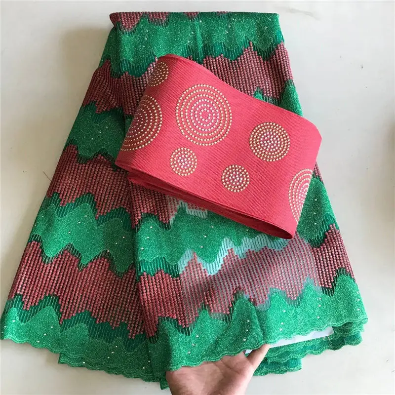 

2018 Coral Red Green Color Design Beautiful African French Net Lace Fabric With Aso Oke Set French Fabric With Headtie 30