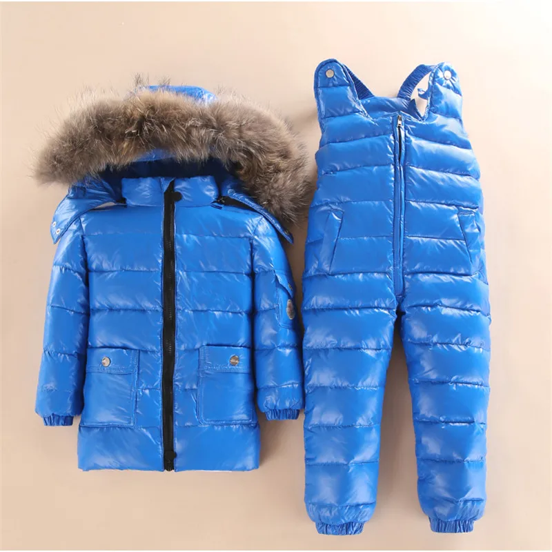 Детская одежда Зимний лыжный костюм для мальчиков и девочек спортивный комплект для мальчиков на температуру до-30 градусов, теплый белый пуховик на утином пуху+ комбинезон - Цвет: Синий