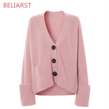 

BELIARST 18 Spring and Autumn New Pure Cashmere Sweater Women V- Neck Knit Cardigan Fashion Loose Bottoming shirt Sweater Coat