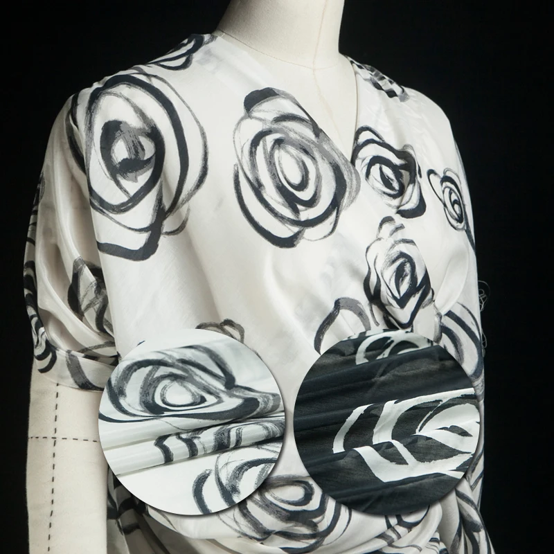 

Chinese black and white ink printed rose silk blends cotton fabric, sewing for shirt, blouse, dress, skirt, craft by the yard