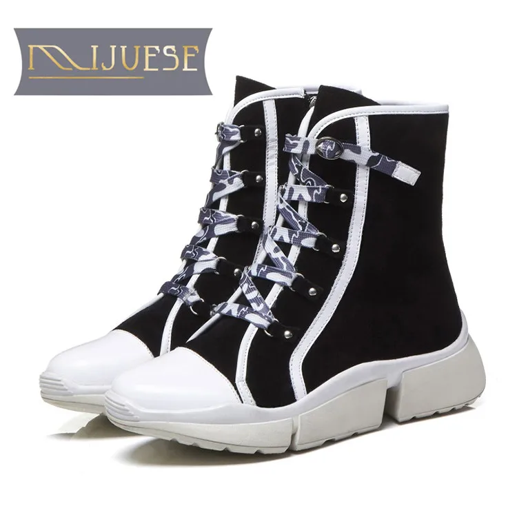 

MLJUESE 2019 women ankle boots cow suede mixed colors Rome style winter fur short plush strange heel female women boots