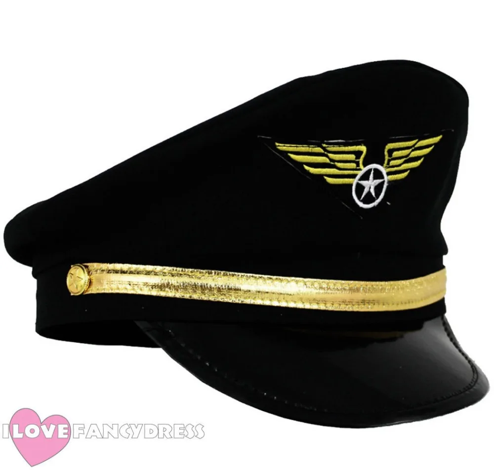 

ADULT BLACK PILOT CAP FANCY DRESS AIRLINE CAPTAIN HAT AVIATION 80S AVIATOR UNIFORM HEN PARTY BIRTHDAY COSTUME ACCESSORY