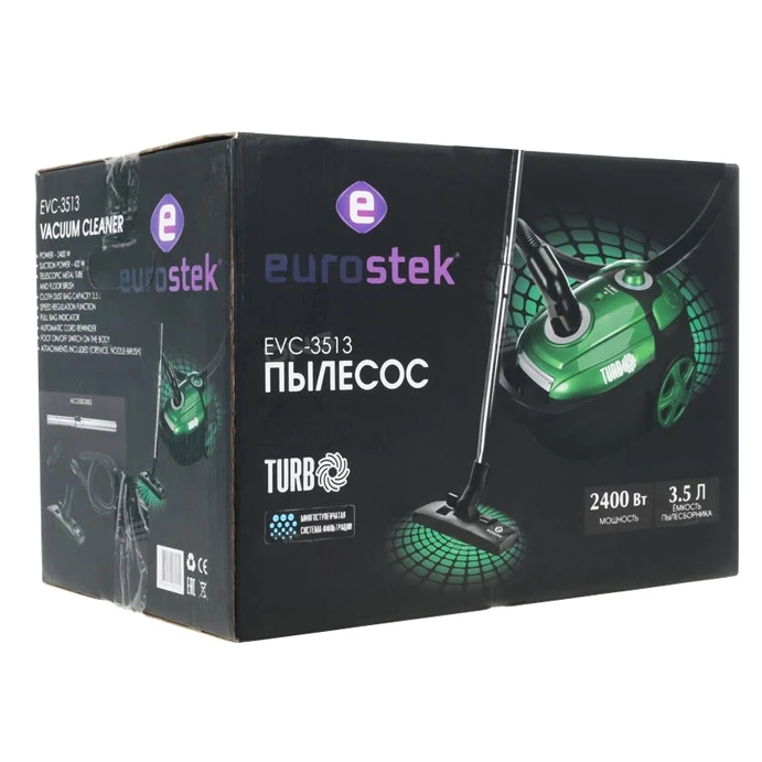 Пылесос электрический Eurostek EVC-3513 (Потребляемая мощность 2400 Вт, мощность всасывания 420 Вт, с мешком для сбора пыли, емкость пылесборника 3.5 л, защита от перегрева)