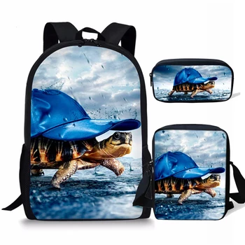 

FORUDESIGNS 3pcs/Set Children School Bags for Boys Turtle carrying a hat in the rain Cool Orthopedic Backpack Kids Book Bags