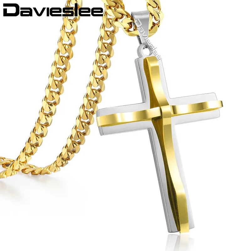 Davieslee Мужская цепочка, изогнутый крест, подвеска, ожерелье из нержавеющей стали, Снаряженная кубинская цепь, Черное золото, серебро, тон 18-36 дюймов LKPM137