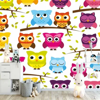 

Else Yellow Blue Brown Pink Cute Owls on Branch 3d Print Cartoon Cleanable Fabric Mural Kids Children Room Background Wallpaper
