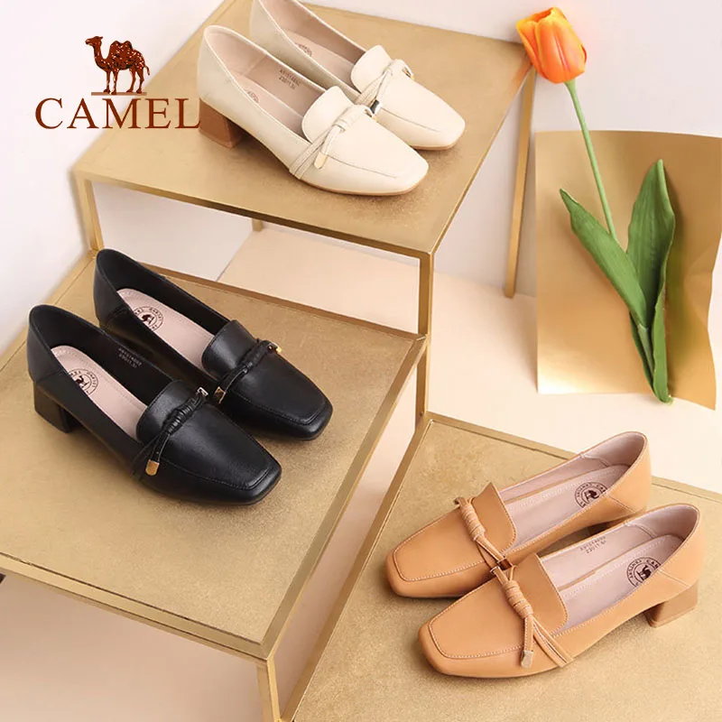 CAMEL/Новые весенние женские повседневные туфли на среднем каблуке кожаные