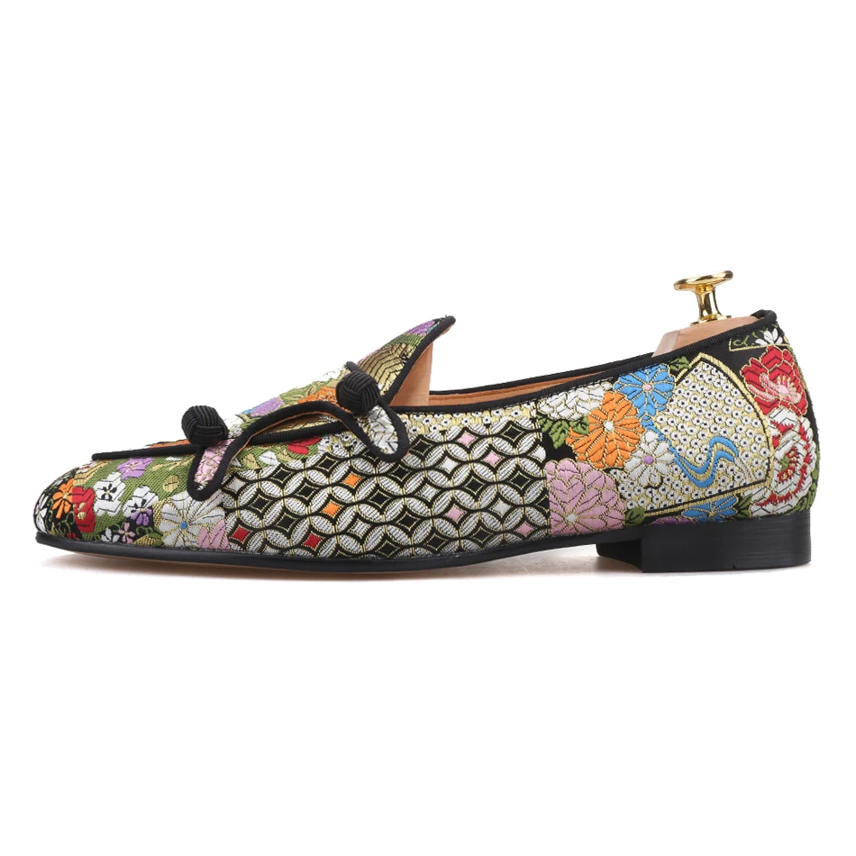 Piergitar multi color jacquard silk double-monk BELGIAN LOAFERS with black buttons handcrafted men smoking slippers plus size