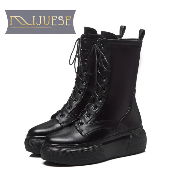 Frauen kalb 1 black Kuh Plüsch Leder Pelz Mid 2 Up Lace Mljuese Winter Warme Martin Plattform Stiefel 2019 Short Black 5w4UtA