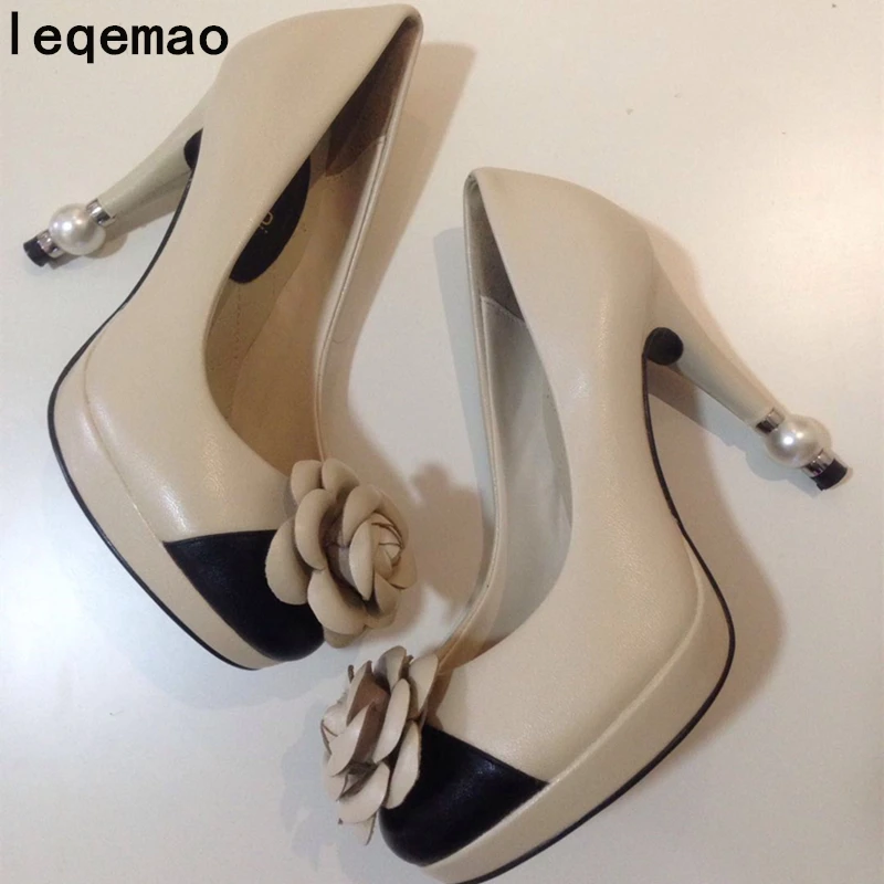 Hot Sale Women Pumps Genuine Leather High Quality Flowers Pearls Heels Beige Black Colors Office Lady Wedding Party Shoes 35-40