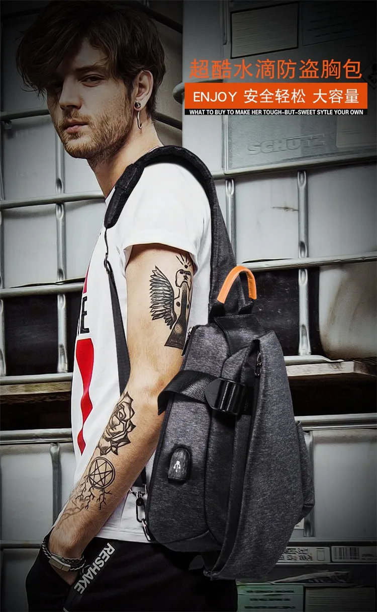Для мужчин сумки груди Anti Theft путешествия Для мужчин один плечевой ремень через плечо сумки водонепроницаемый зарядка через usb пакет рюкзак