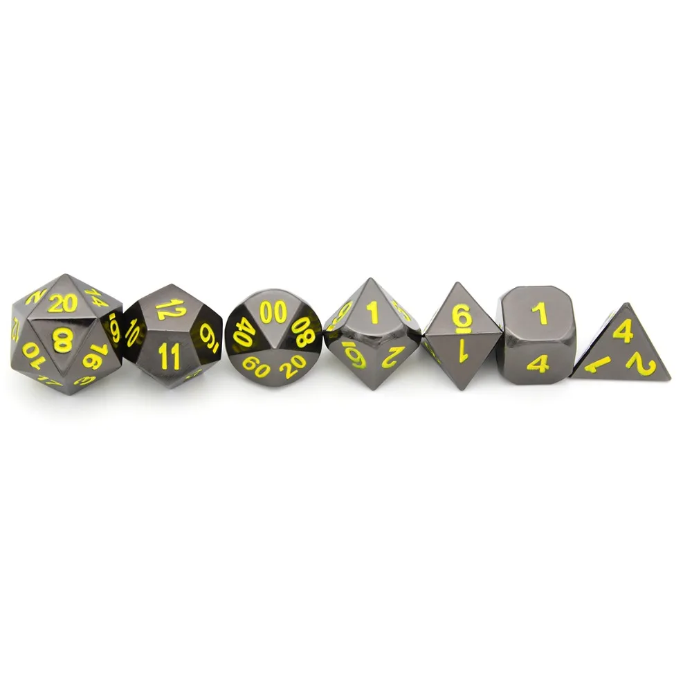 Черный хромированный металлический RPG кости с желтыми номерами для подземелья и драконов RPG кости игры и для изучения математики кости чехол