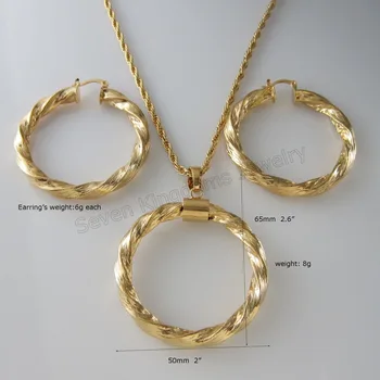 

MIN ORDER ONE PIECE /- YELLOW GOLD GP OVERLAY 24" NECKLACE AND BIG HOOP CARVED BAND DIAMETER 50 MM 2" PENDANT EARRING SET