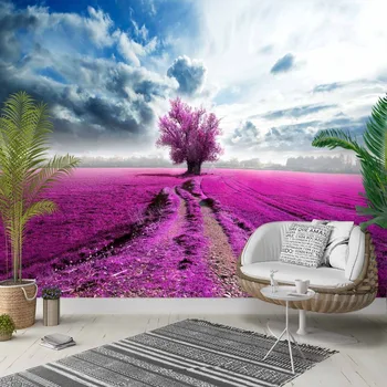 

Else Purple Lavender Farm in Tree Blue Sky 3d Photo Cleanable Fabric Mural Home Decor living Room Bedroom Background Wallpaper