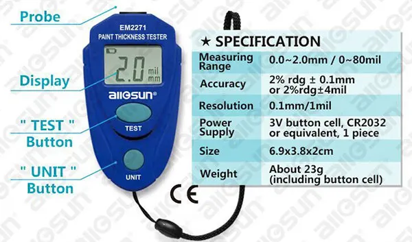 All-Sun EM2271 Цифровой ЖК-дисплей толщиномер краски автомобиля толщиномер тестер