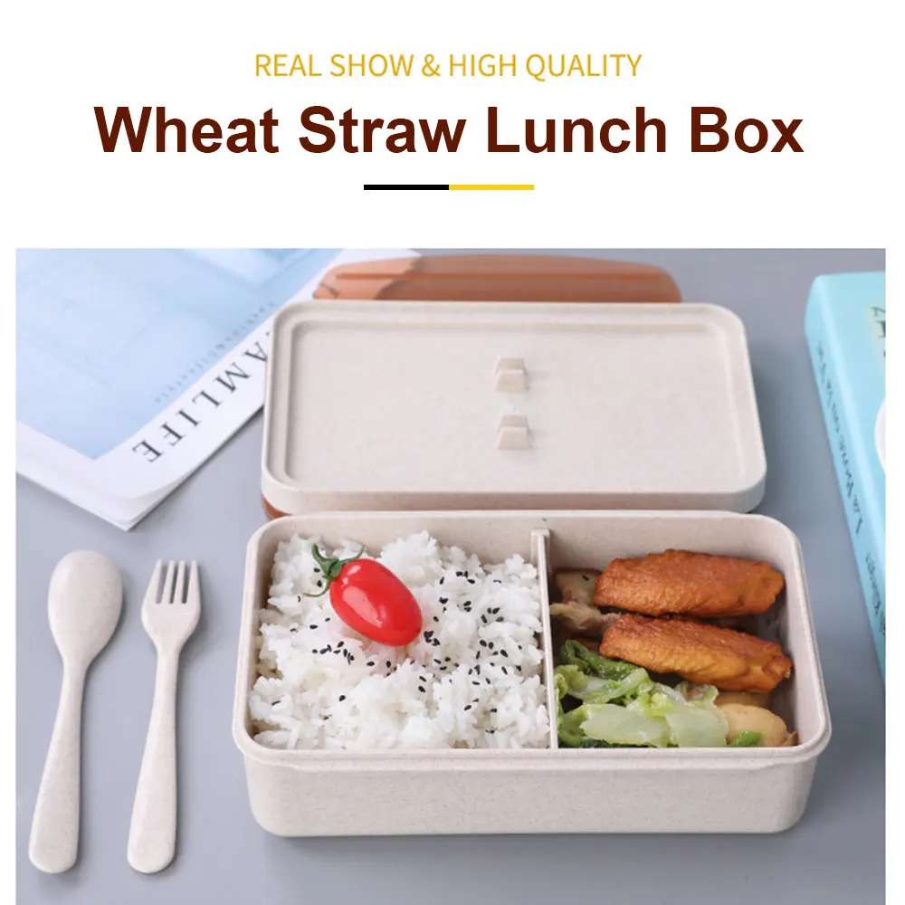 

800ml wheat straw compartment lunch box sealed rectangular lunch box with cutlery
