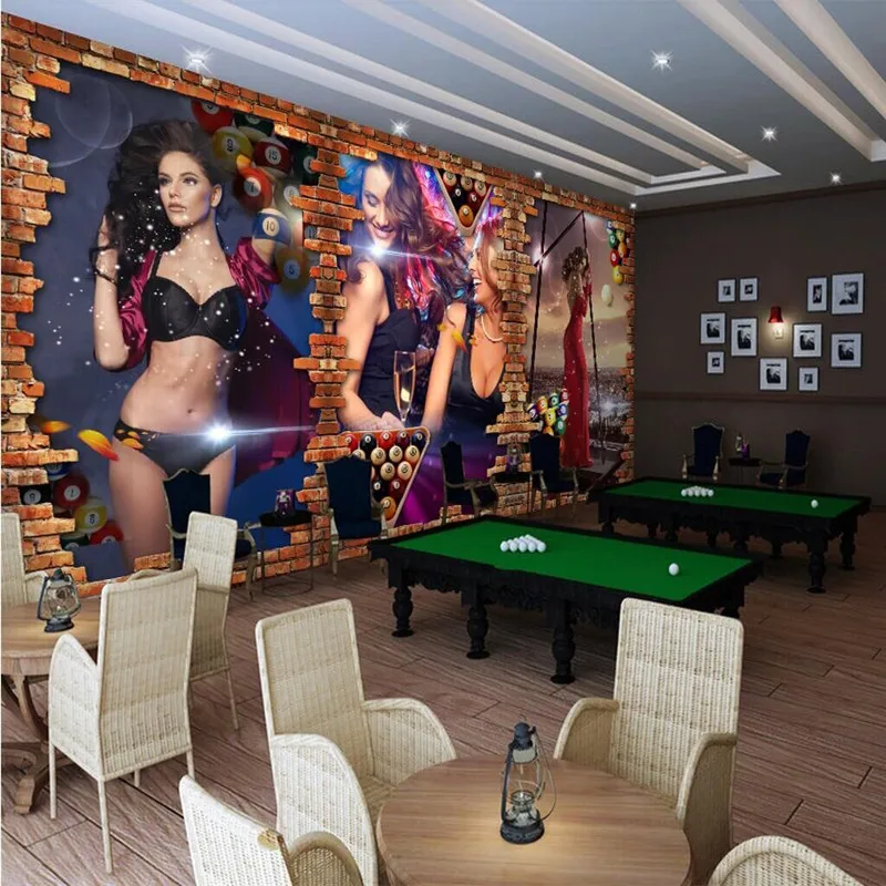 

Custom Mural Wallpaper Billiard Hall Sexy Beauty 3D Brick Wall Background Wall Painting