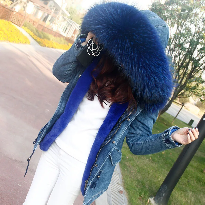 

2019New Parka Winter Fur Jacket Women Denim Coats Thick Large Real Raccoon Fur Collar Detachable Fur Liner Women Clothing
