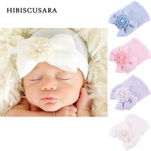 Хлопковая мягкая шапочка для новорожденных с большим бантом Bebe для мальчиков и девочек, осенне-зимняя вязаная шапочка для больницы с цветочным бантом в полоску