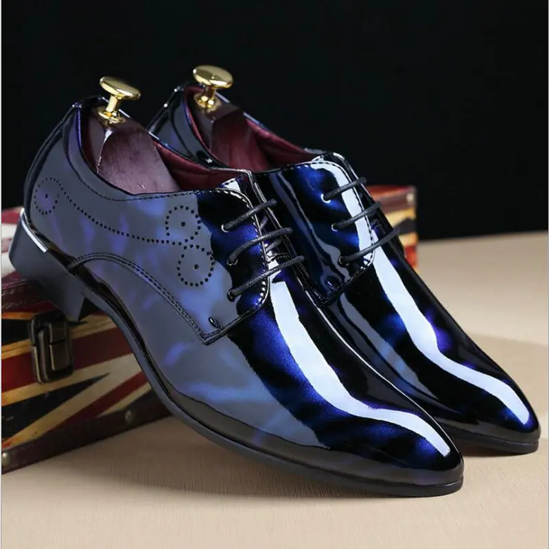 Модные Мужские модельные туфли размера плюс 38-48; туфли из лакированной кожи с острым носком в деловом и деловом стиле; мужские свадебные туфли; LC-19 - Цвет: Синий