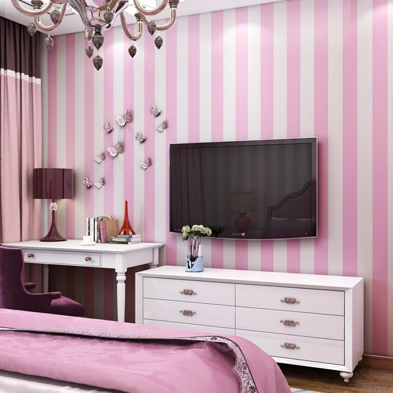 Us 34 46 10 Off Modern Pink Blue White Stripe Wallpaper For Kids Room Baby Boy Girl Bedroom Wall Paper Self Adhesive Non Woven Wallpapers Qz037 In